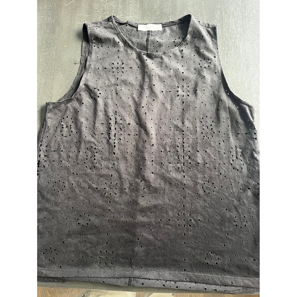 Ripe Black Faux‎ Suede Laser Cut Eyelet Sleeveless Top Crew Neck Boho Tank
